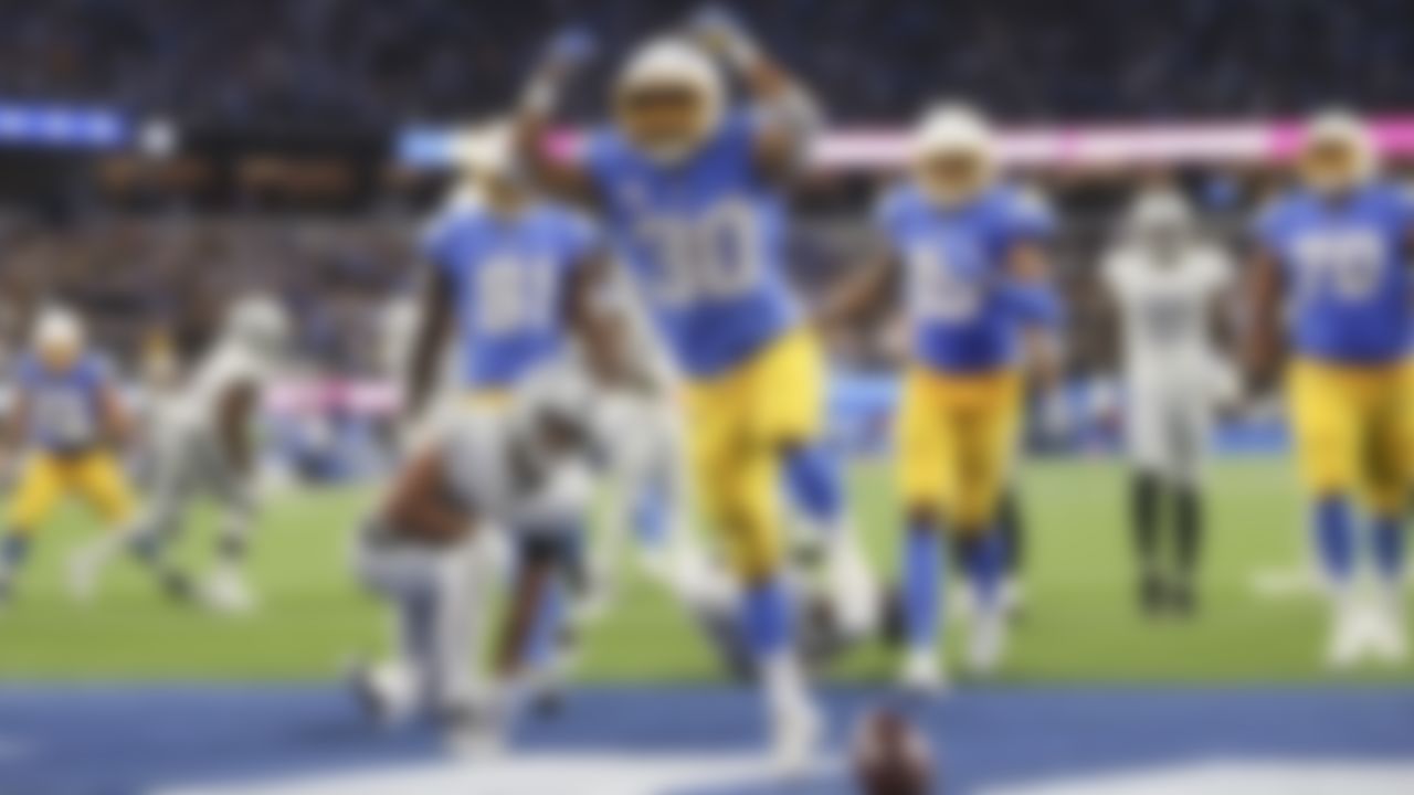 Los Angeles Chargers running back Austin Ekeler (30) celebrates a touchdown during an NFL football game against the Las Vegas Raiders on Monday, October 4, 2021 in Inglewood, California.