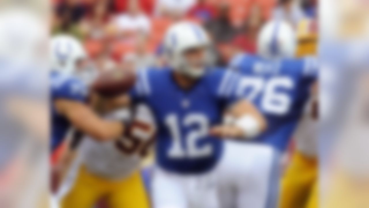 Indianapolis Colts quarterback Andrew Luck looks to pass during the first half of an NFL preseason football game against the Washington Redskins on Saturday, Aug. 25, 2012, in Landover, Md. (AP Photo/Richard Lipski)