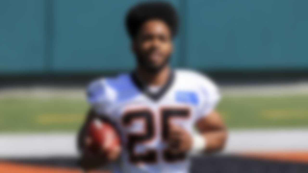 Cincinnati Bengals running back Chris Evans runs a drill during an NFL football rookie minicamp in Cincinnati, Friday, May 14, 2021.