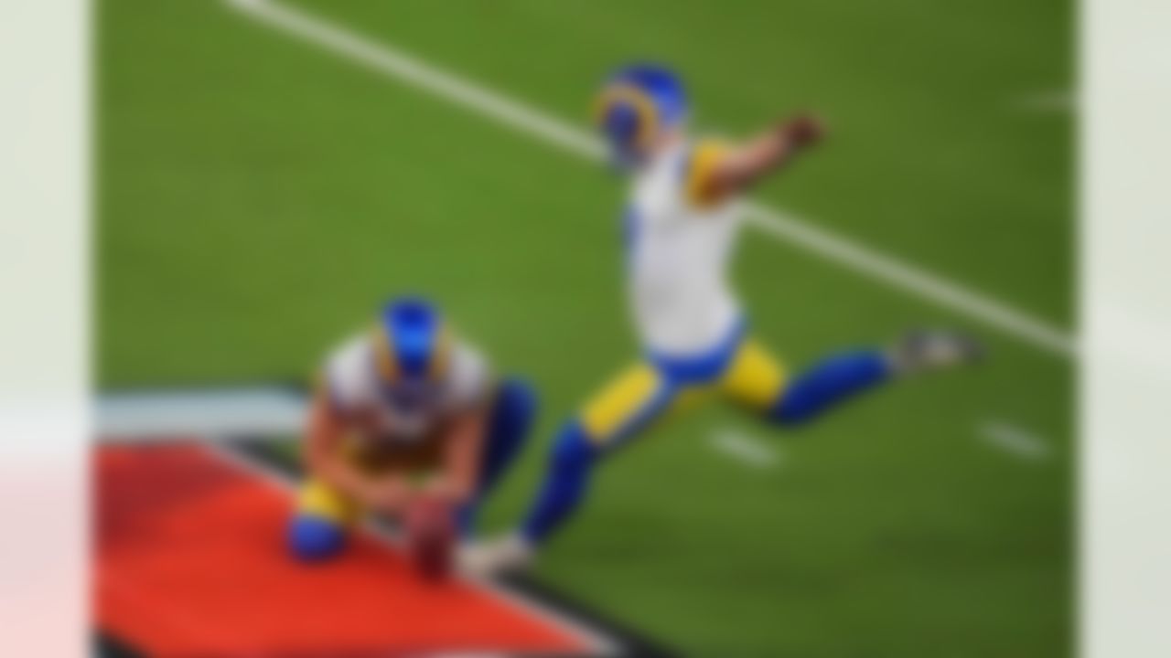 Los Angeles Rams kicker Matt Gay (8) kicks a field goal during Super Bowl LVI on Sunday, February 13, 2022 in Inglewood, California.