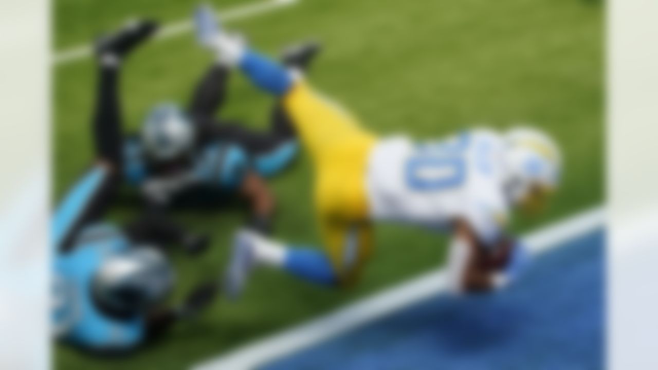 Los Angeles Chargers running back Austin Ekeler scores against the Panthers in the first half of Carolina's 21-16 victory.