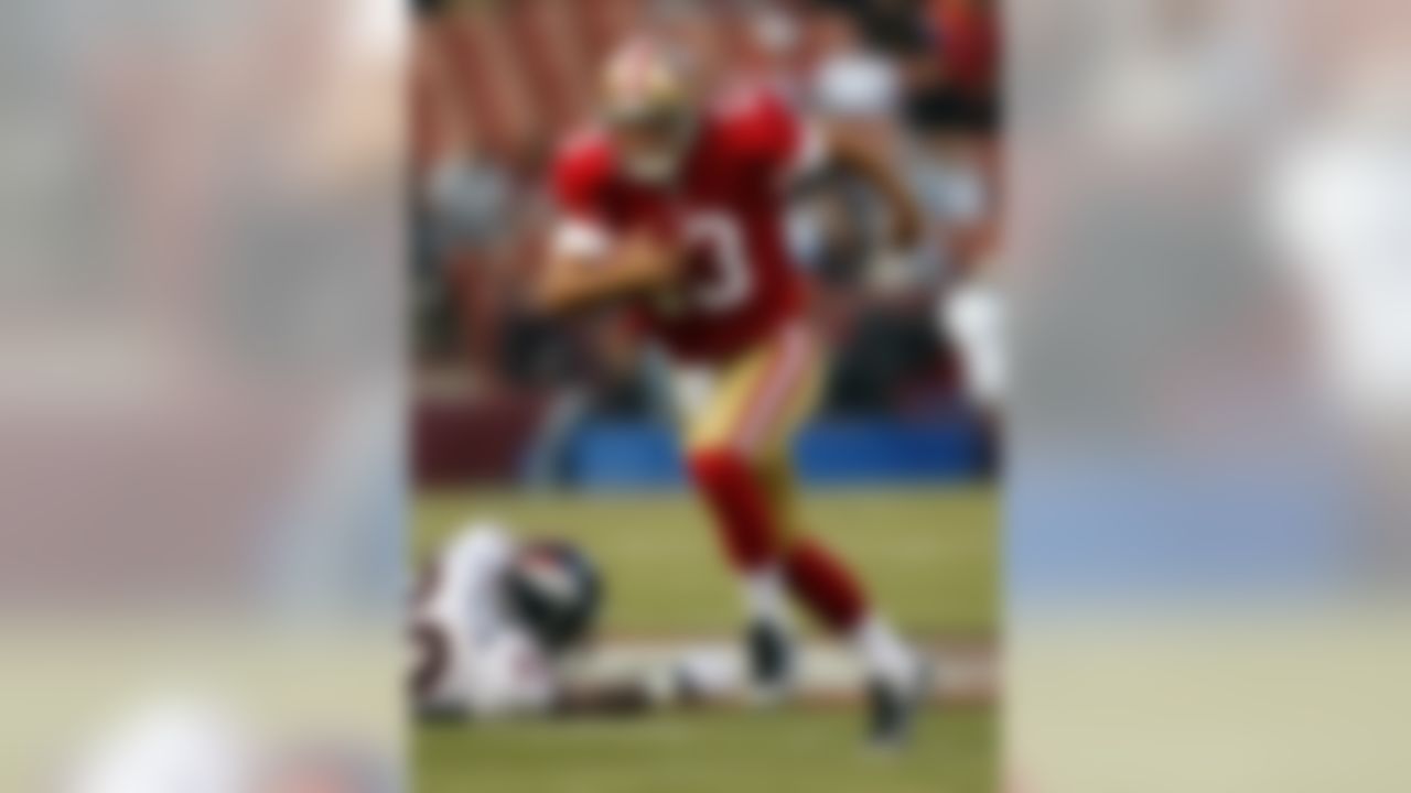 San Francisco 49ers quarterback Shaun Hill (13) carries the ball in the first half against the Denver Broncos during their NFL preseason football game in San Francisco, Calif., Friday, Aug. 14, 2009. (AP Photo/Marcio Sanchez)