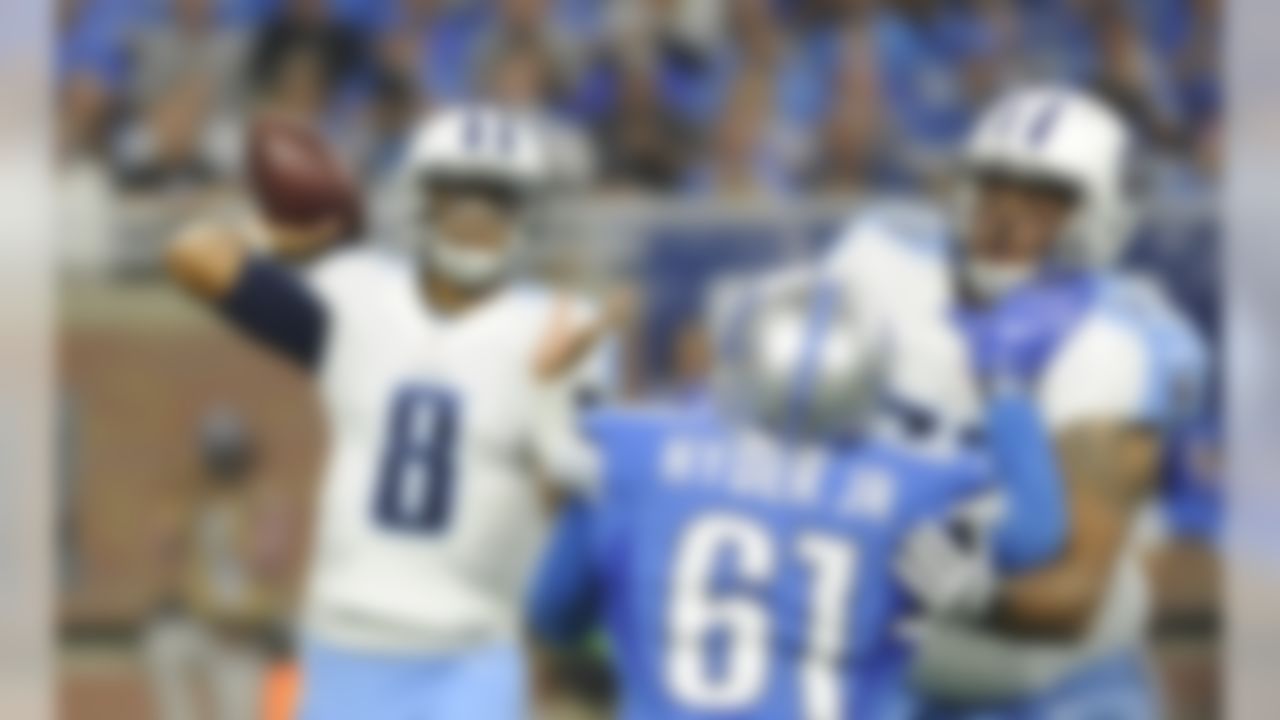 Tennessee Titans quarterback Marcus Mariota (8) throws during the first half of an NFL football game against the Detroit Lions, Sunday, Sept. 18, 2016, in Detroit. (AP Photo/Jose Juarez)