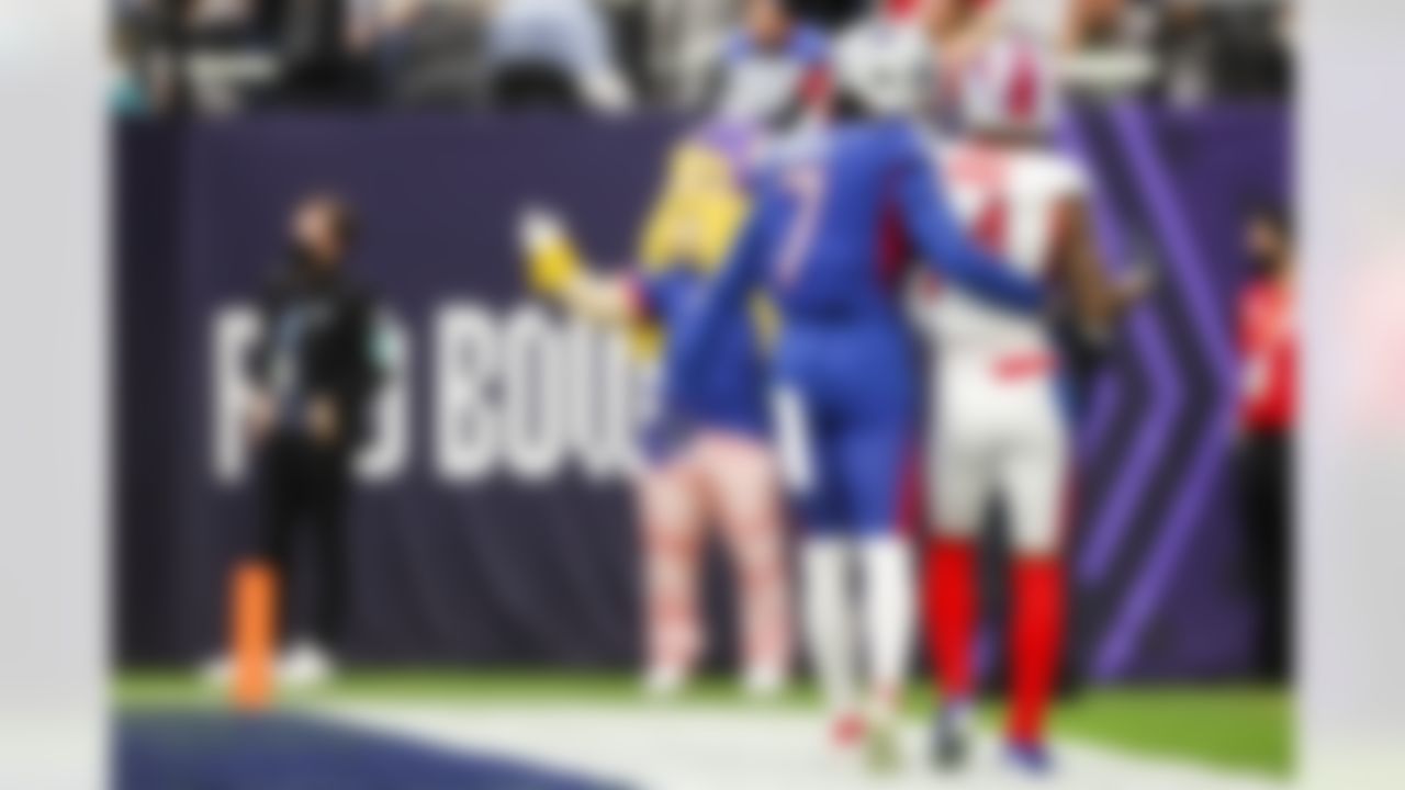 Dallas Cowboys cornerback Trevon Diggs (7) talks with Buffalo Bills wide receiver Stefon Diggs (14) during the 2022 Pro Bowl game on Sunday, February 6, 2022 in Las Vegas, Nevada.