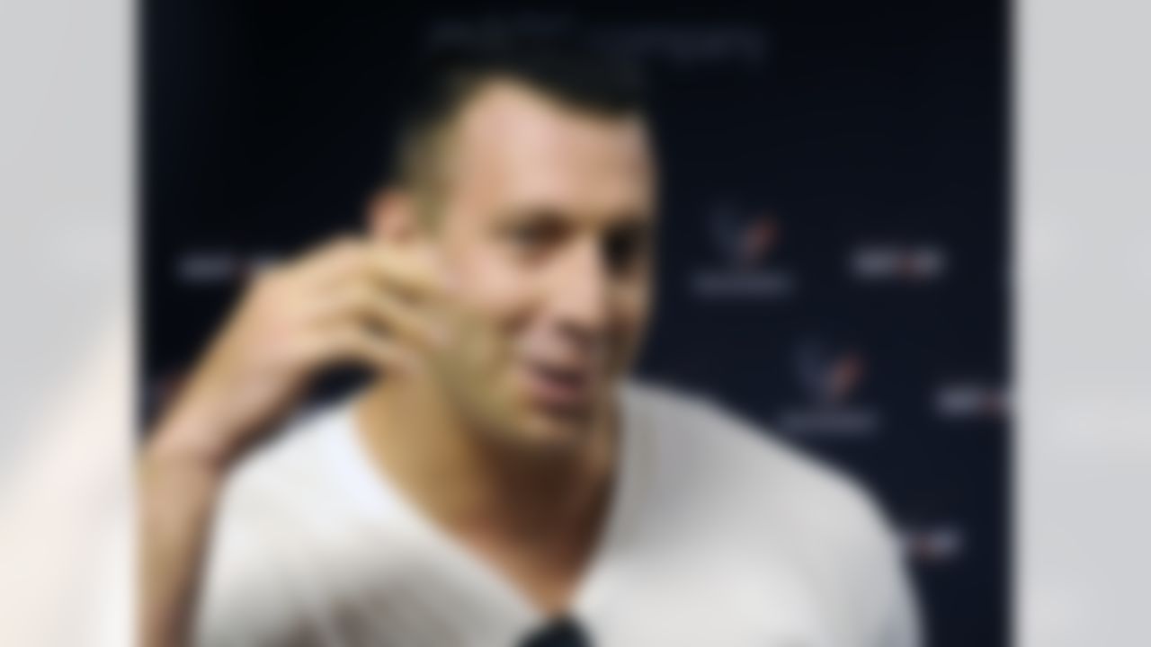 Houston Texans' faces Connor Barwin the media as he reports for NFL football training camp Friday, July 27, 2012, in Houston. The Texans went 10-6 last season and won its first playoff game in 2011 resulting in higher-than-ever expectations. (AP Photo/Pat Sullivan)