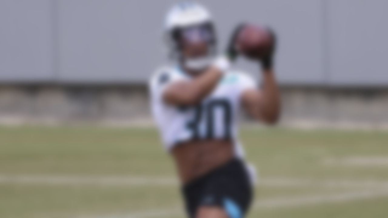 Carolina Panthers running back Chuba Hubbard catches a pass during a Panthers NFL football rookie mini camp in Charlotte, N.C., Saturday, May 15, 2021.