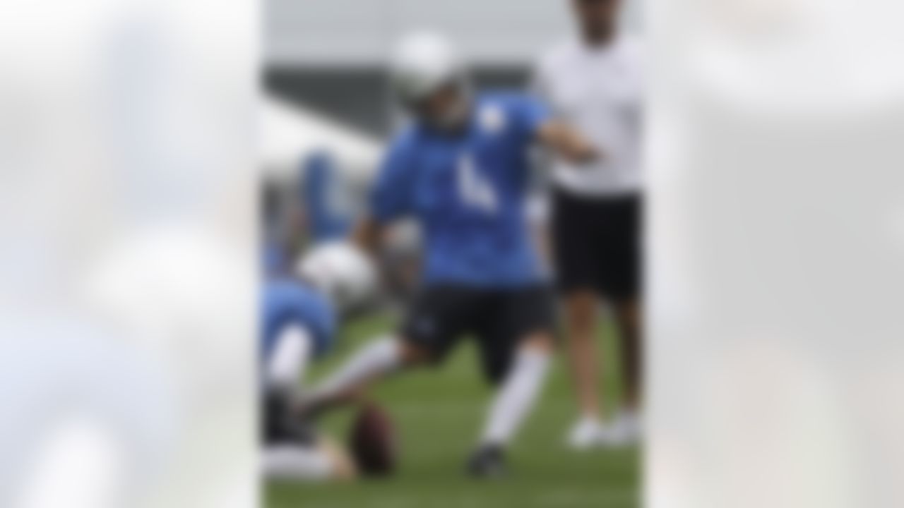 Detroit Lions kicker Jason Hanson practices his kicks during drills at NFL football training camp in Allen Park, Mich., Wednesday, Aug. 3, 2011. (AP Photo/Carlos Osorio)