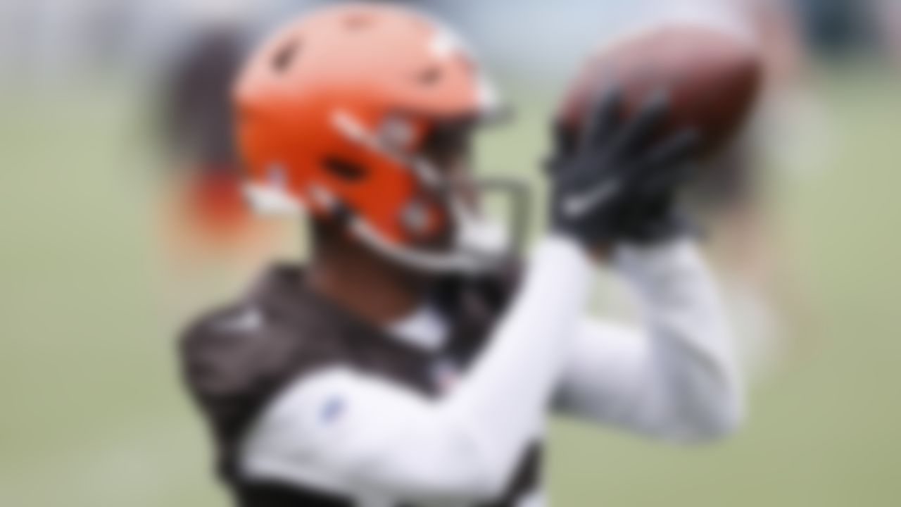 Cleveland Browns wide receiver Alexander Hollins catches a pass during NFL football practice at the team's training facility Wednesday, June 2, 2021, in Berea, Ohio.