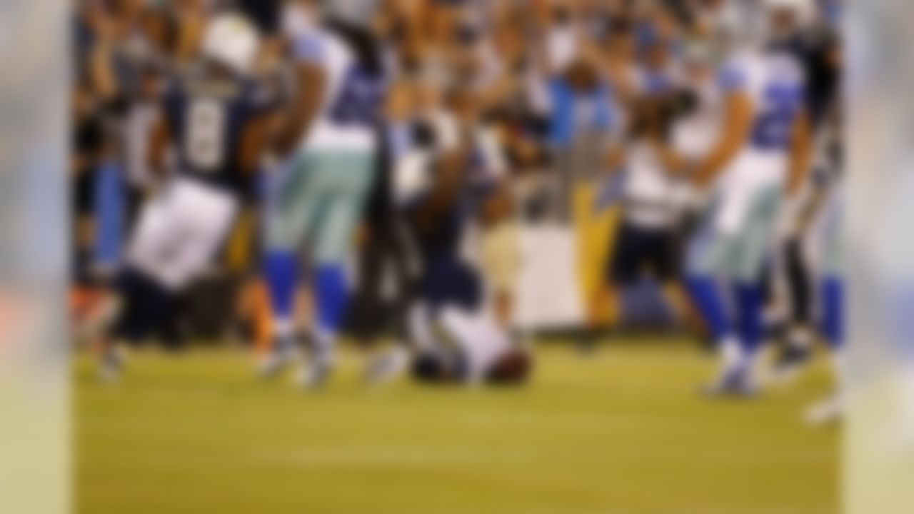 San Diego Chargers running back Branden Oliver (43) celebrates his touchdown run during the NFL preseason game against the Dallas Cowboys on Thursday, Aug. 13, 2015 at Qualcomm Stadium in San Diego. (Ric Tapia/NFL)