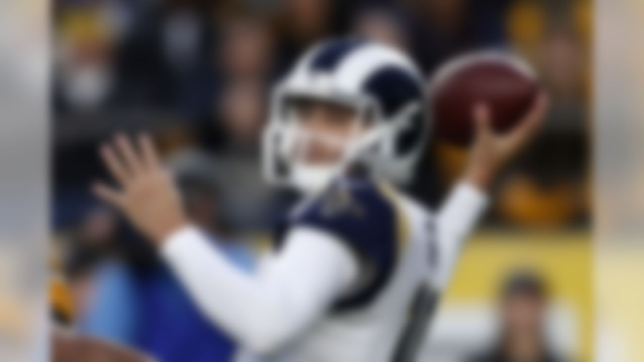 Los Angeles Rams quarterback Jared Goff looks to throw a pass during the first half of an NFL football game against the Pittsburgh Steelers in Pittsburgh, Sunday, Nov. 10, 2019. (AP Photo/Keith Srakocic)