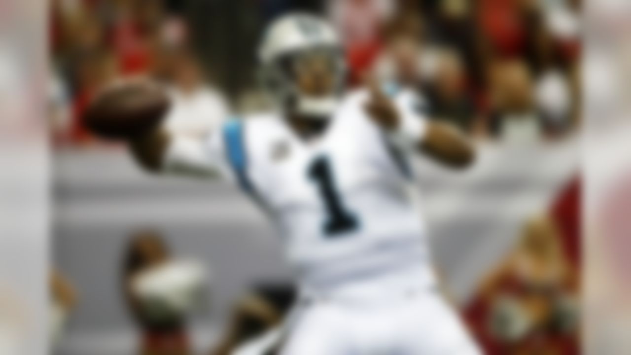Carolina Panthers quarterback Cam Newton (1) throws the ball in the first half against the Atlanta Falcons, Sunday, Oct. 2nd, 2016 in Atlanta,Georgia. Atlanta Falcons won 48-33. (Logan Bowles via AP Images)