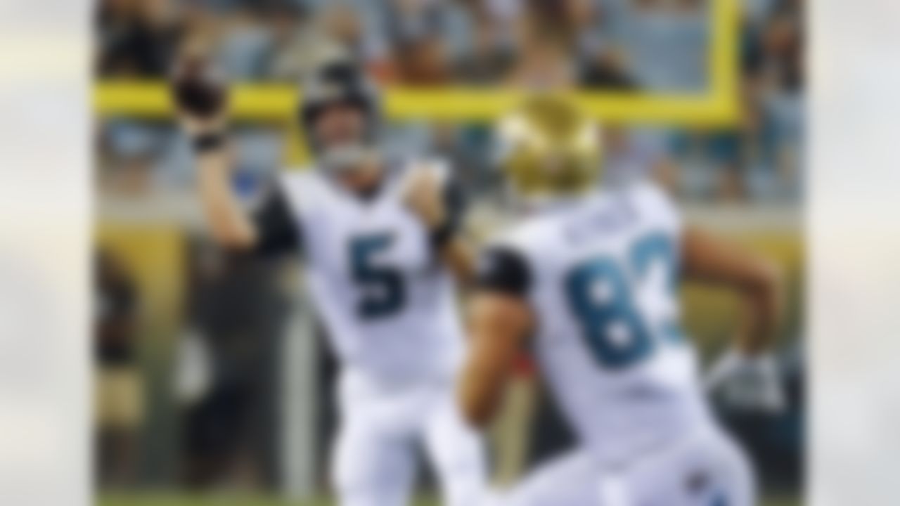 Jacksonville Jaguars quarterback Blake Bortles (5) throws a pass to tight end Ben Koyack (83) during the second half of an NFL preseason football game against the Carolina Panthers, Thursday, Aug. 24, 2017, in Jacksonville, Fla. (AP Photo/Stephen B. Morton)