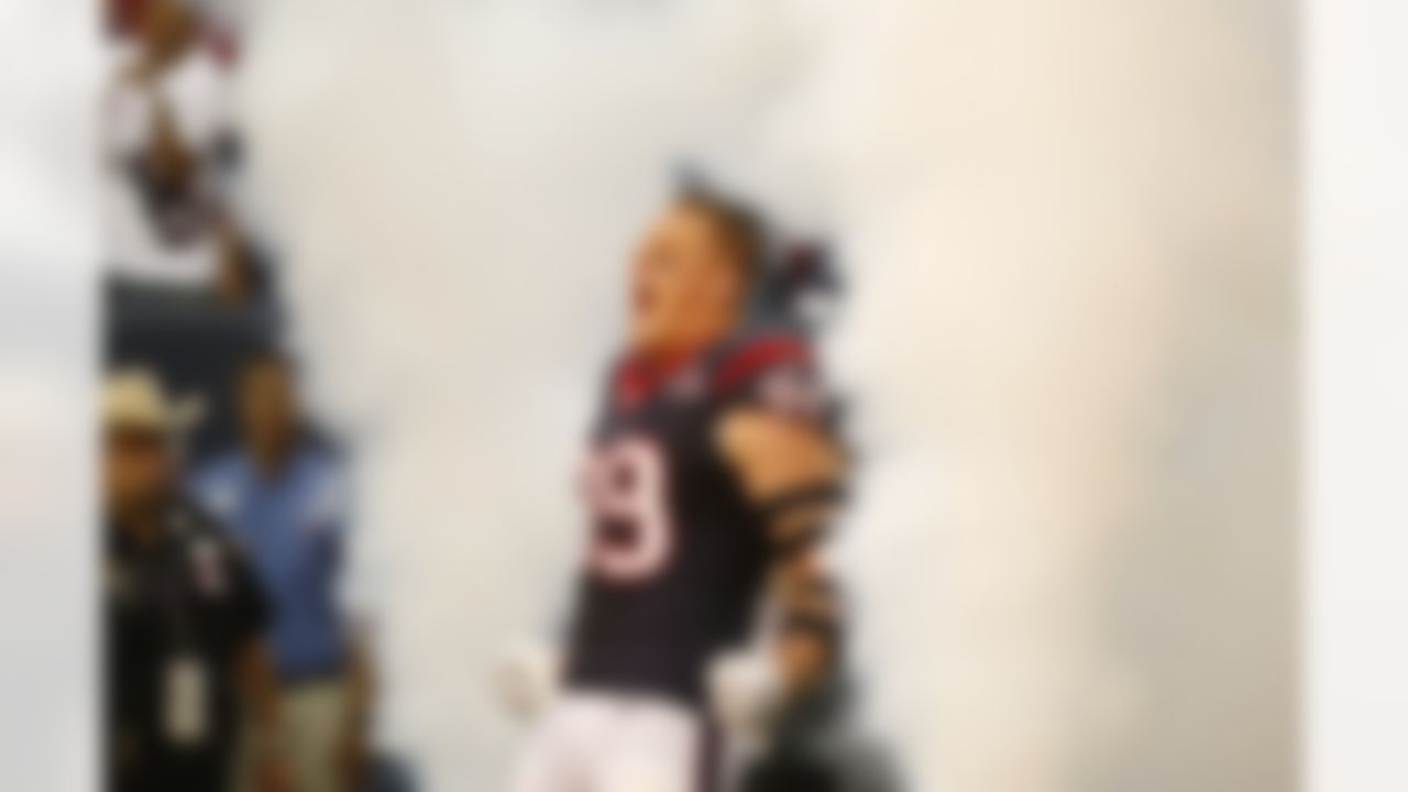 Houston Texans defensive end J.J. Watt (99) is introduced during player introductions prior to an NFL football game against the Green Bay Packers at Reliant Stadium on Sunday October 14, 2012 in Houston, Texas. Green Bay won 42-24. (AP Photo/Aaron M. Sprecher)