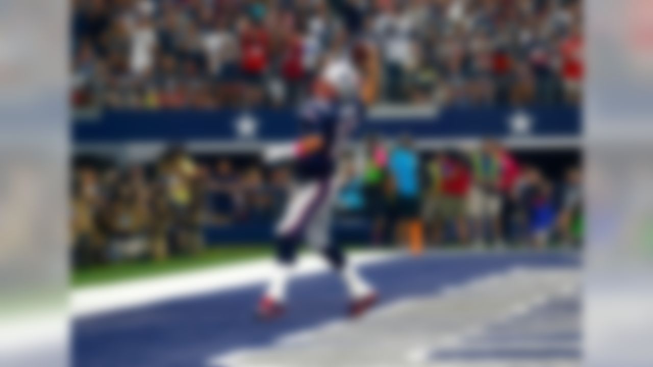 New England Patriots quarterback Tom Brady (12) celebrates after rushing in for a touchdown during an NFL football game against the Dallas Cowboys at AT&T Stadium on Sunday October 11, 2015 in Arlington, Texas. New England won 30-6. (Aaron M. Sprecher/NFL)