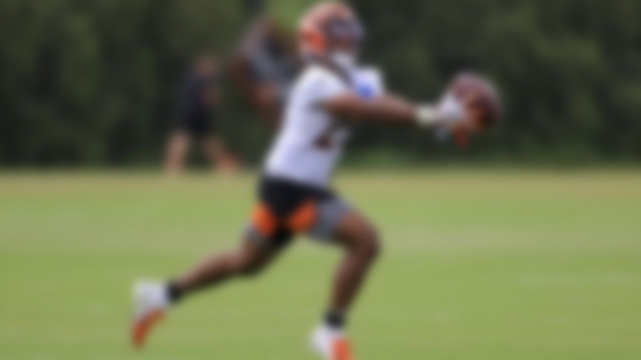 Cincinnati Bengals' Chris Evans makes a catch during an NFL football camp practice in Cincinnati, Tuesday, June 8, 2021.