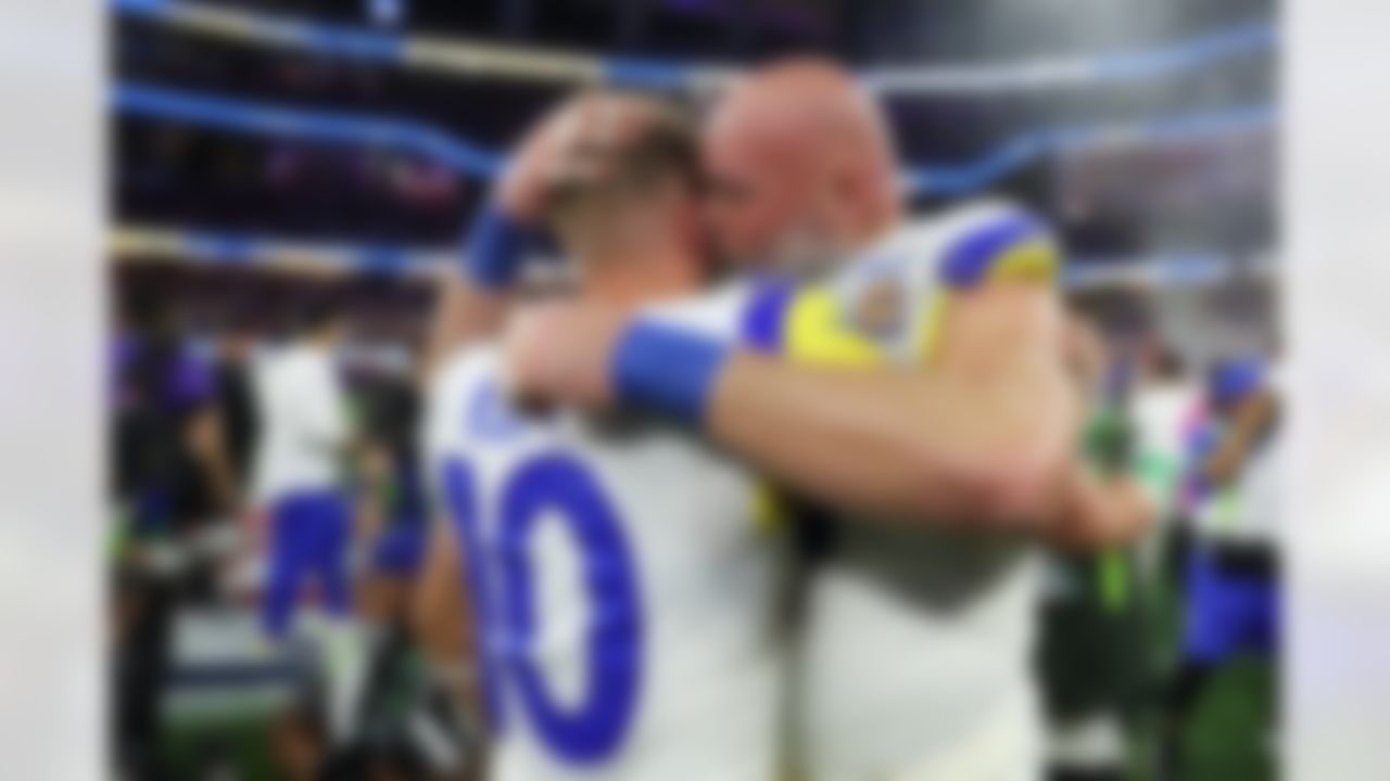 Los Angeles Rams wide receiver Cooper Kupp (10) celebrates with offensive tackle Andrew Whitworth (77) following Super Bowl LVI against the Cincinnati Bengals on Sunday, February 13, 2022 in Inglewood, California. The Los Angeles Rams won 23-20.