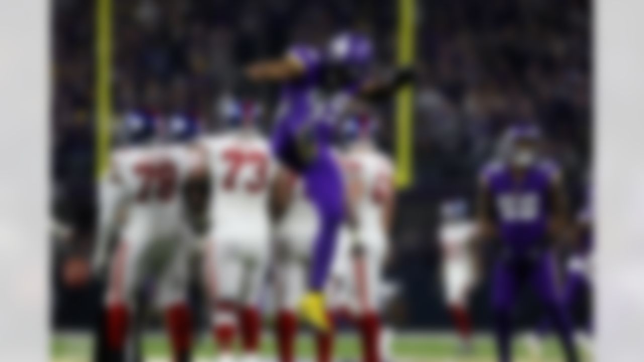 Minnesota Vikings linebacker Danielle Hunter (99) celebrates during an NFL Super Wild Card Weekend playoff game against the New York Giants on Sunday, January 15, 2023 in Minneapolis, Minnesota.