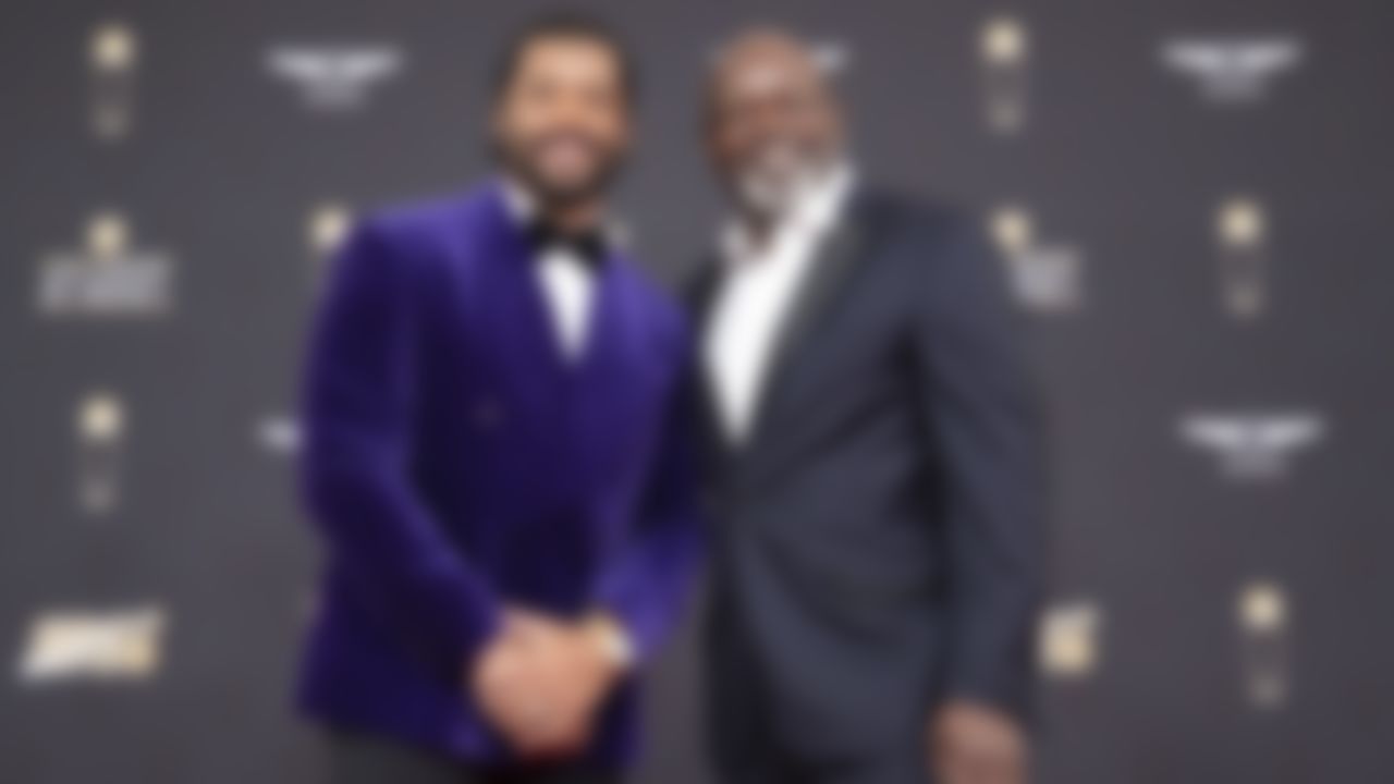 Seattle Seahawks quarterback Russell Wilson and former Dallas Cowboys and Hall of Fame running back Emmitt Smith walk on the red carpet during the 9th Annual NFL Honors on Saturday, Feb. 1, 2020, in Miami.
