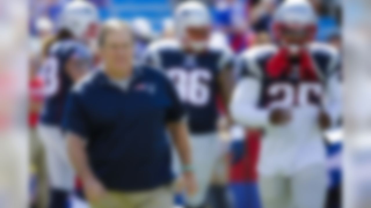 New England Patriots head coach Bill Belichick walks the field before an NFL football game against the Buffalo Bills, Sunday, Sept. 20, 2015, in Orchard Park, N.Y. (AP Photo/Bill Wippert)