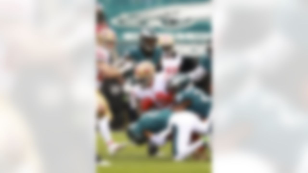 San Francisco 49ers wide receiver Deebo Samuel (19) gets tackled during an NFL Conference Championship playoff game against the Philadelphia Eagles on Sunday, January 29, 2023 in Philadelphia, Pennsylvania.