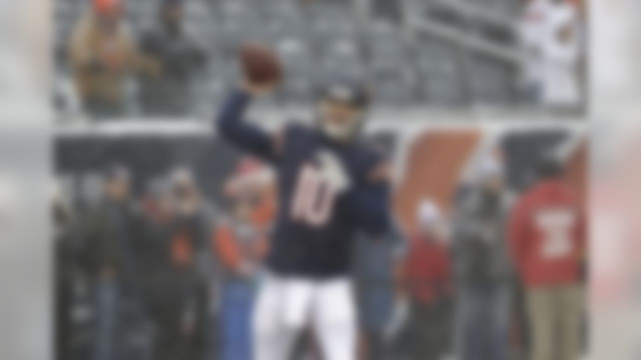 Chicago Bears quarterback Mitchell Trubisky (10) throws during warmups before an NFL football game against the Cleveland Browns in Chicago, Sunday, Dec. 24, 2017. (AP Photo/Nam Y. Huh)
