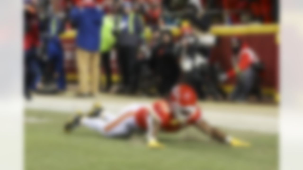 Kansas City Chiefs wide receiver Kadarius Toney (19) celebrates after a play during an NFL Conference Championship playoff game against the Cincinnati Bengals on Sunday, January 29, 2023 in Kansas City, Missouri.