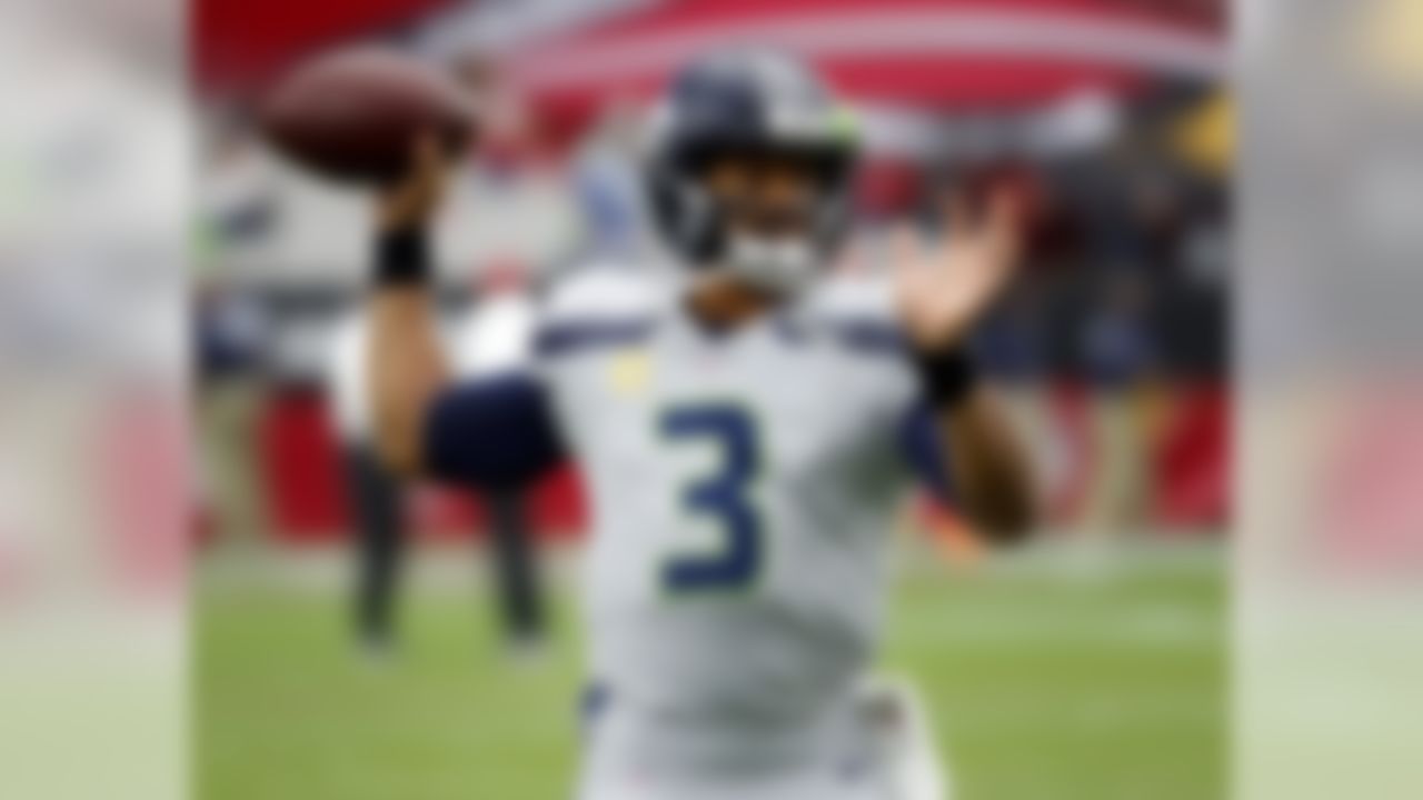 Seattle Seahawks quarterback Russell Wilson (3) warms up prior to an NFL football game against the Arizona Cardinals, Sunday, Sept. 30, 2018, in Glendale, Ariz. (AP Photo/Rick Scuteri)