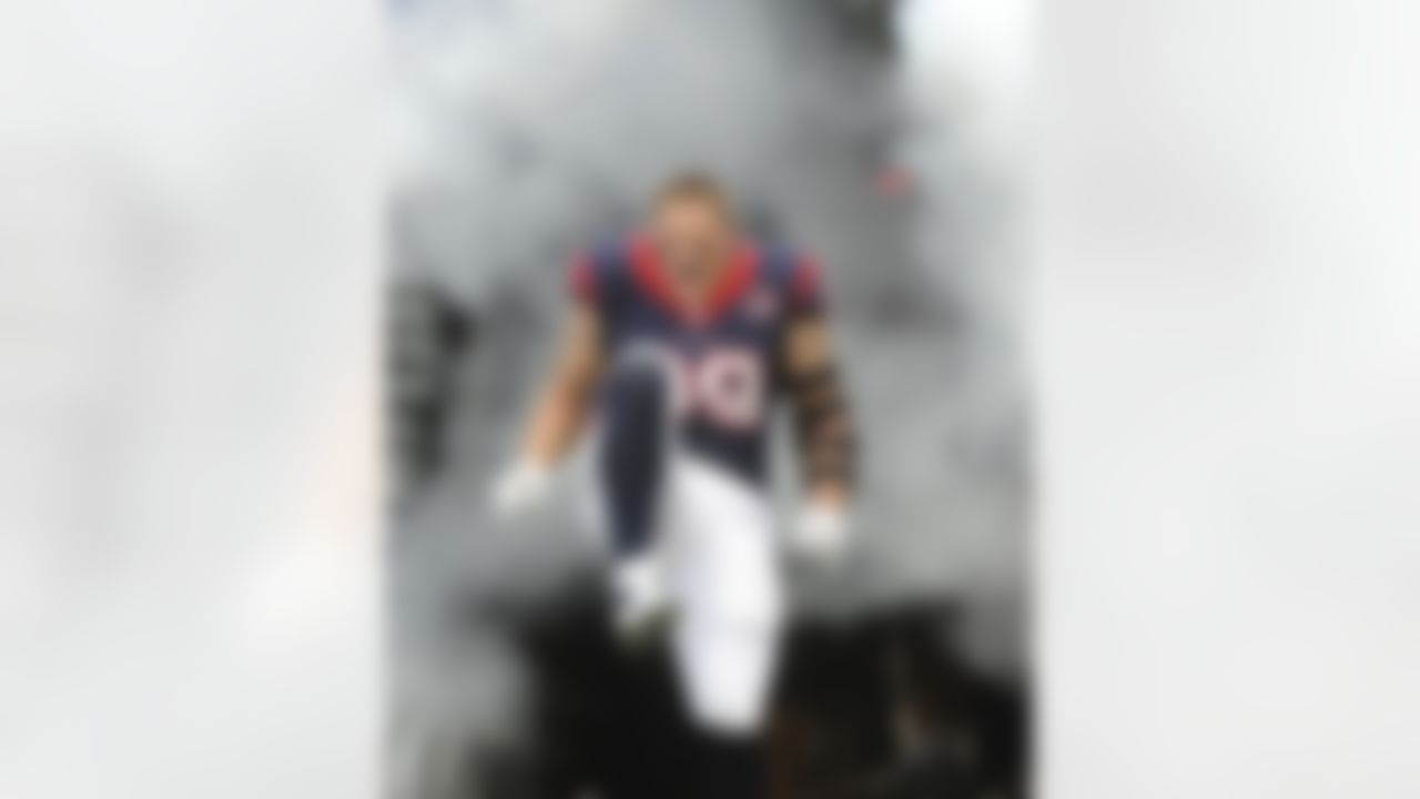 Houston Texans' J.J. Watt takes the field before an NFL football game against the Buffalo Bills, Sunday, Nov. 4, 2012, in Houston. (AP Photo/Dave Einsel)