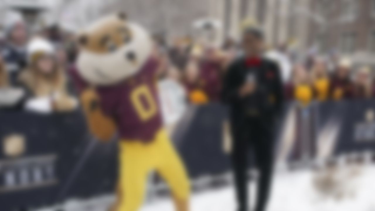 The University of Minnesota mascot dances with NFL Network's Nate Burleson at the 7th Annual NFL Honors awards show on Saturday, Feb. 3, 2018 in Minneapolis, Minn.