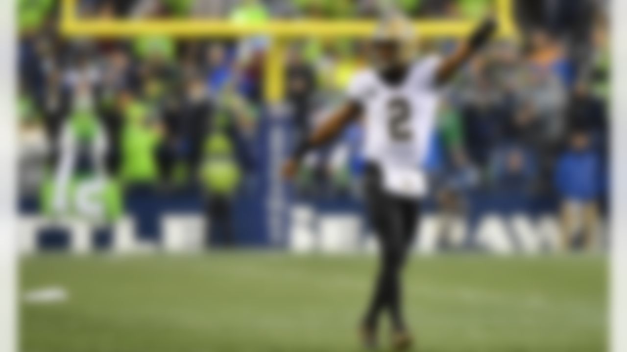 New Orleans Saints quarterback Jameis Winston (2) celebrates during an NFL football game against the Seattle Seahawks on Monday, October 25, 2021 in Seattle, Washington.