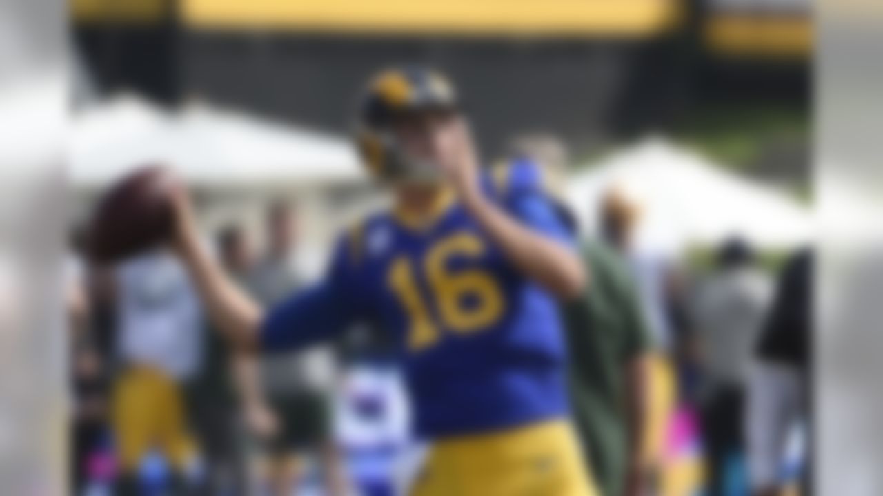 Los Angeles Rams quarterback Jared Goff warms up before an NFL football game against the Green Bay Packers, Sunday, Oct. 28, 2018, in Los Angeles. (AP Photo/Denis Poroy)
