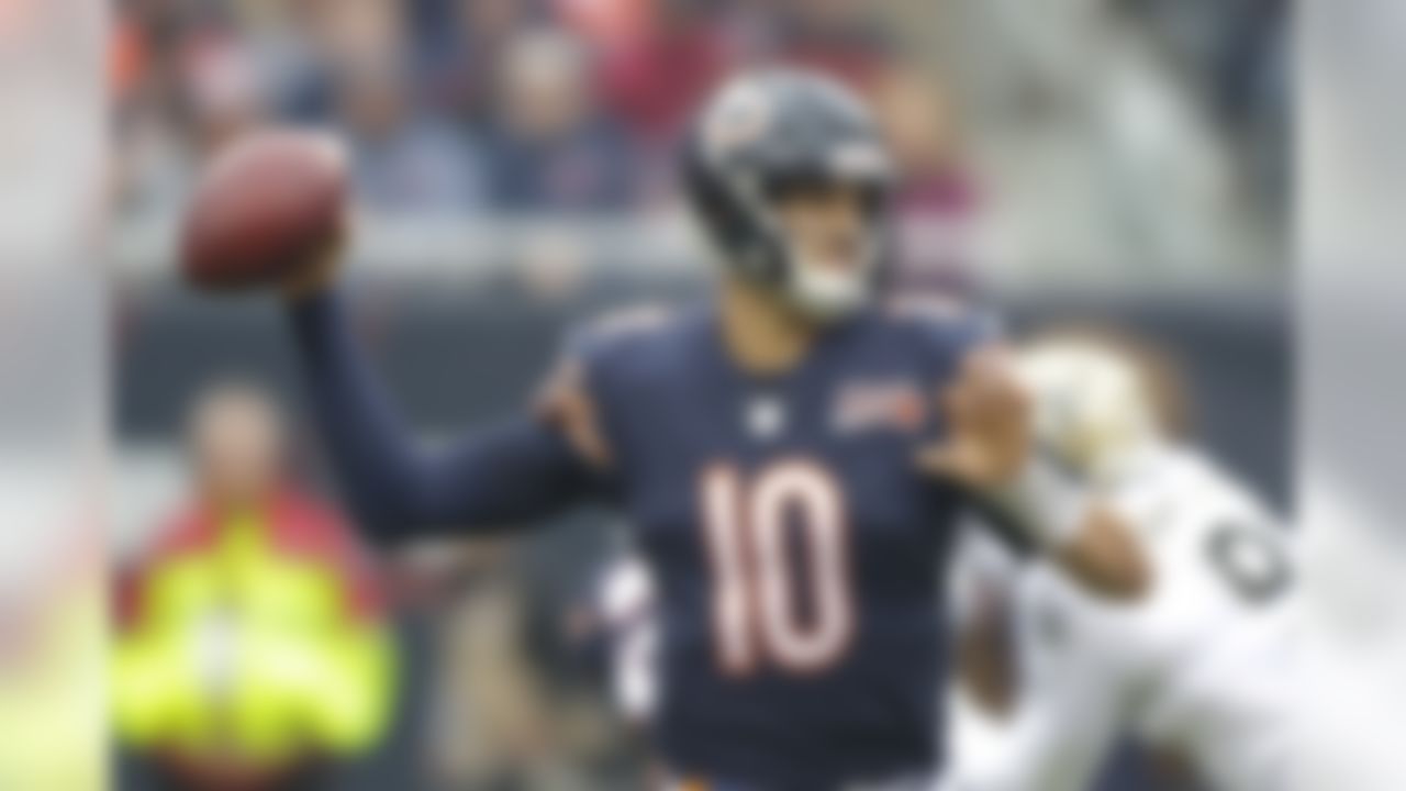 Chicago Bears quarterback Mitchell Trubisky (10) throws during the first half of an NFL football game against the New Orleans Saints in Chicago, Sunday, Oct. 20, 2019. (AP Photo/Michael Conroy)