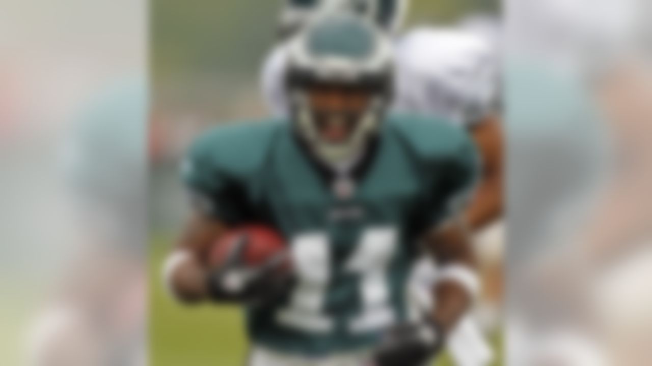 Philadelphia Eagles wide receiver Sinorice Moss reacts after catching a pass during NFL football training camp at Lehigh University Thursday, Aug. 4, 2011 in Bethlehem, Pa. (AP Photo/Alex Brandon)