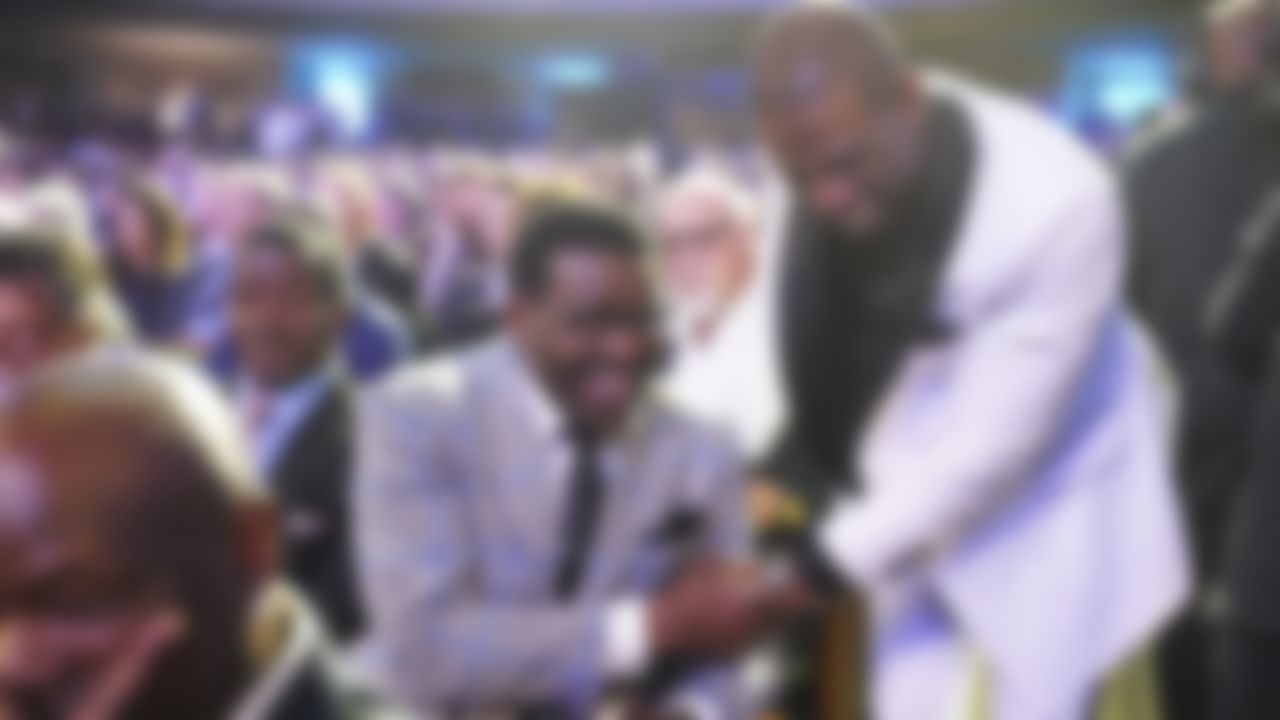 Former Dallas Cowboys and current NFL Network commentators Michael Irvin and Deion Sanders share a laugh during the 9th Annual NFL Honors at the Adrienne Arsht Center on Saturday, Feb. 1, 2020, in Miami.