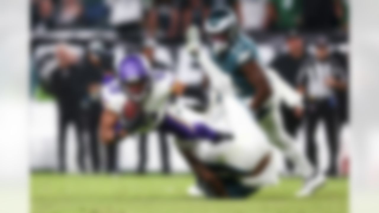 Minnesota Vikings wide receiver Justin Jefferson (18) falls to the ground after making a catch during an NFL football game against the Philadelphia Eagles on Thursday, September 14, 2023 in Philadelphia, Pennsylvania.