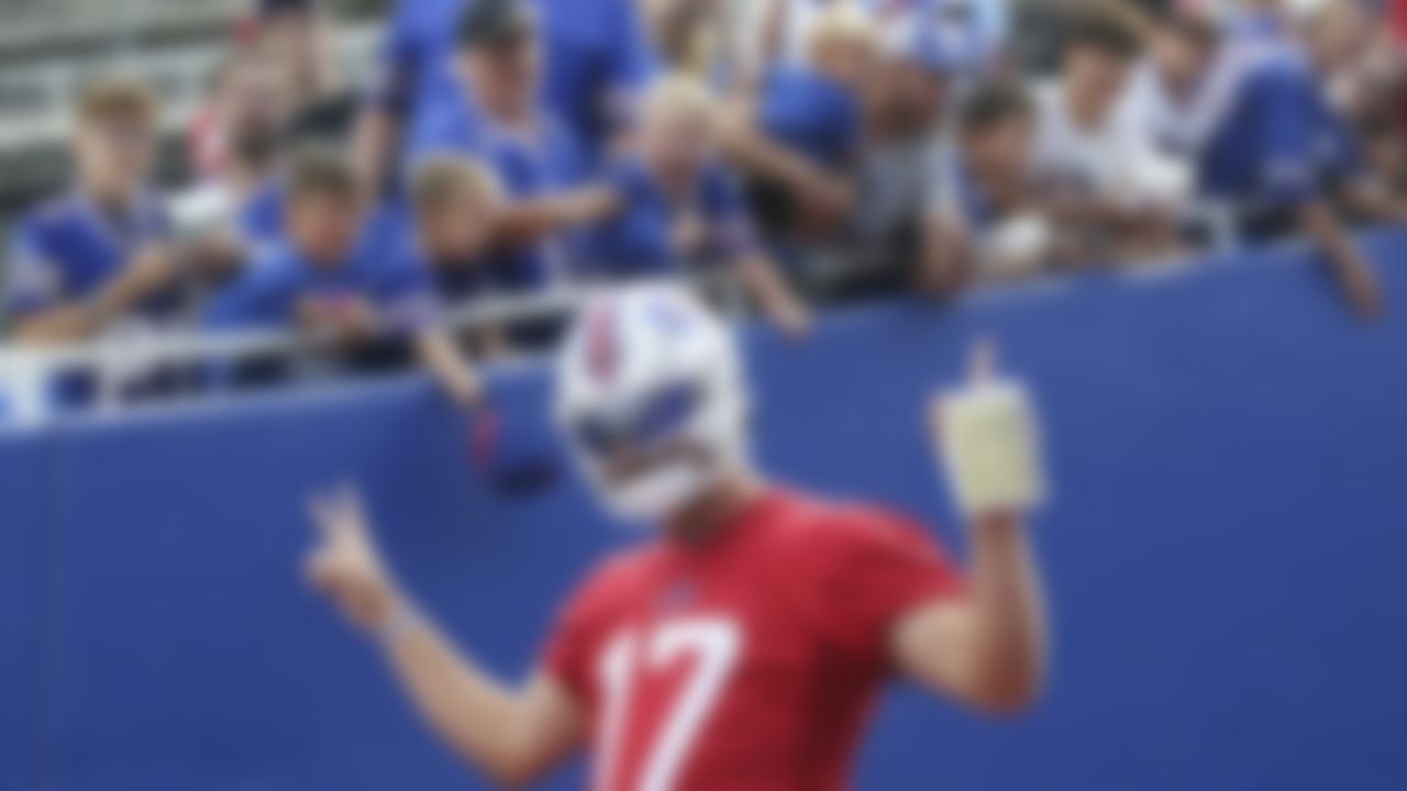 Buffalo Bills quarterback Josh Allen (17) takes the field before practice at NFL training camp in Orchard Park, N.Y., on Saturday, July 31, 2021.