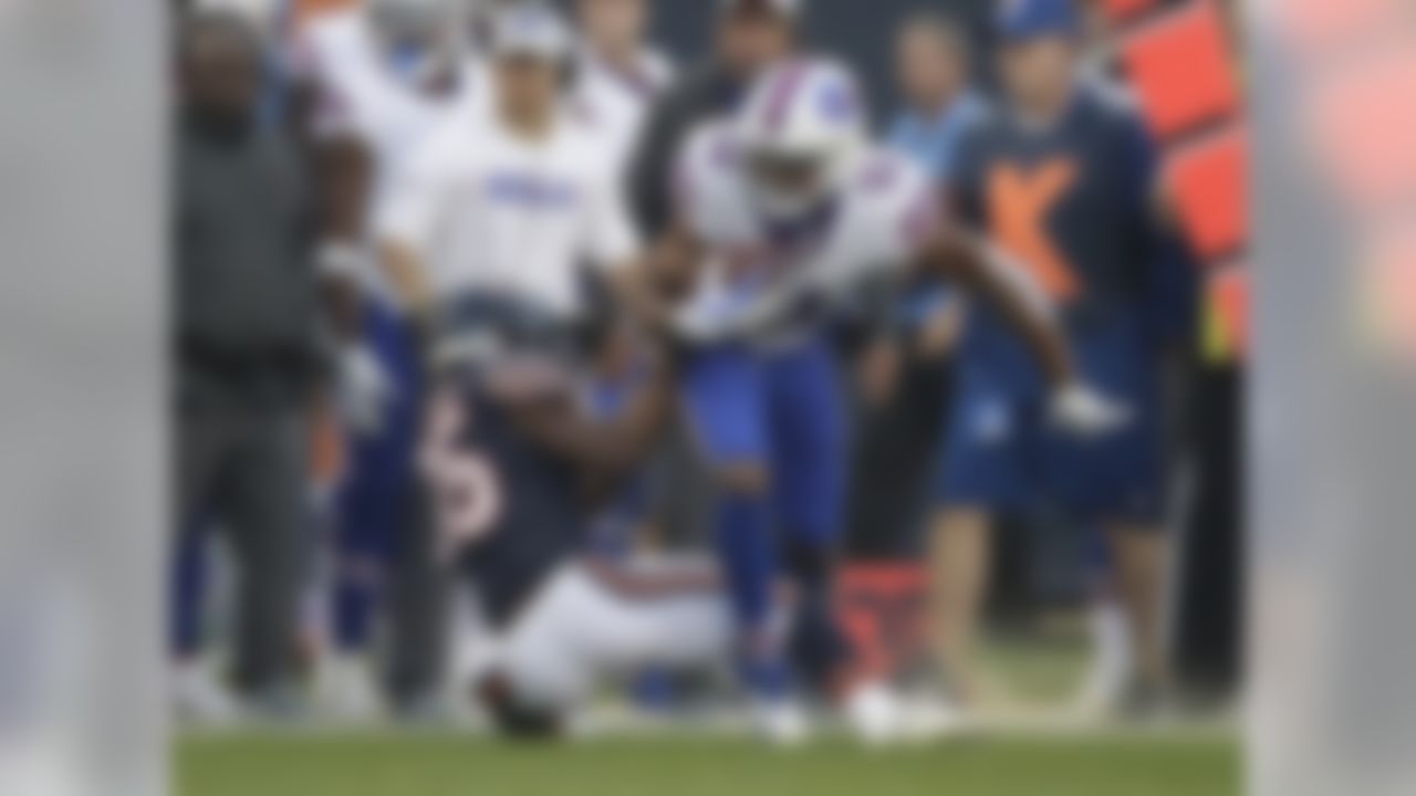 Chicago Bears cornerback Doran Grant (35) tackles Buffalo Bills wide receiver Zay Jones (11) during the first half of an NFL preseason football game in Chicago, Thursday, Aug. 30, 2018. (AP Photo/Nam Y. Huh)