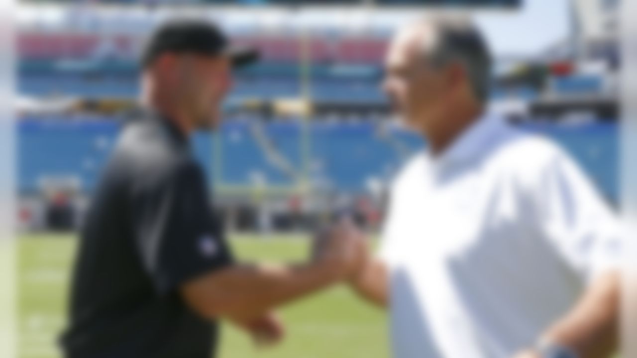 Jacksonville Jaguars head coach Gus Bradley, left, greets Indianapolis Colts head coach Chuck Pagano on the field before an NFL football game in Jacksonville, Fla., Sunday, Sept. 21, 2014. (AP Photo/Stephen B. Morton)