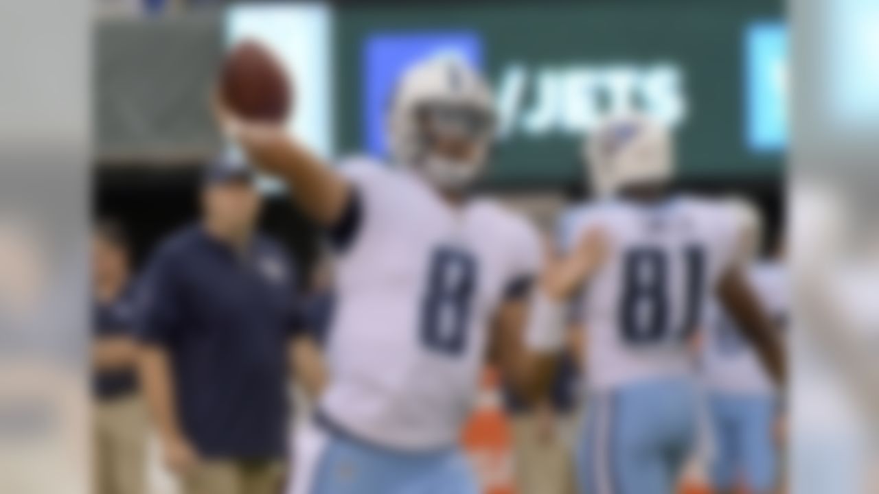 Tennessee Titans quarterback Marcus Mariota (8) warms up before an NFL football game against the New York Jets, Saturday, Aug. 12, 2017, in East Rutherford, N.J. (AP Photo/Bill Kostroun)