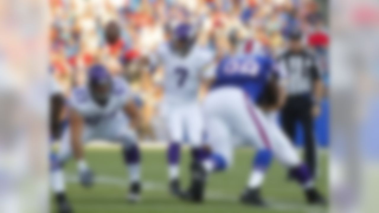 Minnesota Vikings quarterback Christian Ponder (7) loses control of the ball on the snap during the first half of an NFL preseason football game against the Buffalo Bills on Friday, Aug. 16, 2013, in Orchard Park, N.Y. The Vikings retained possession. (AP Photo/Bill Wippert)