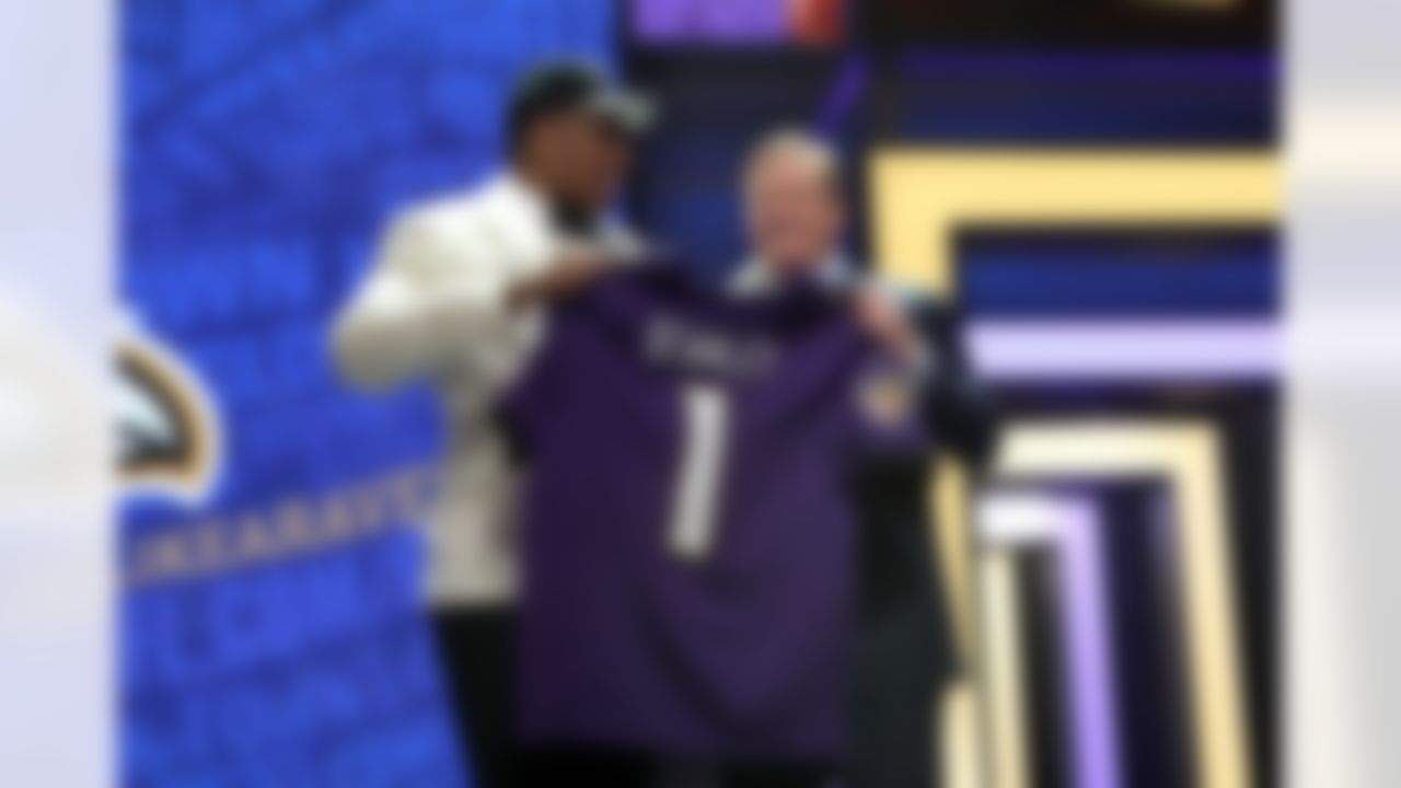 Notre Dame offensive tackle Ronnie Stanley poses for photos on stage with NFL Commissioner Roger Goodell after being selected by Baltimore Ravens during the 2016 NFL Draft at the Auditorium Theatre on Thursday, April 28, 2016 in Chicago. (Perry Knotts/NFL)