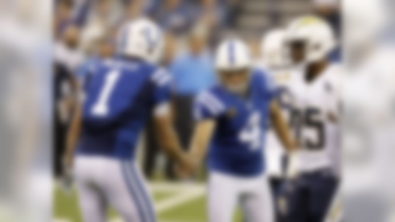 Indianapolis Colts' Pat McAfee (1) congratulates kicker Adam Vinatieri (4) after Vinatieri kicked a 38-yard field goal during the first half of an NFL football game against the San Diego Chargers, Sunday, Sept. 25, 2016, in Indianapolis. (AP Photo/Darron Cummings)