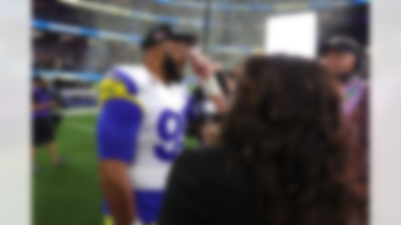 Los Angeles Rams defensive end Aaron Donald (99) reacts to a victory after Super Bowl LVI on Sunday, February 13, 2022 in Inglewood, California.