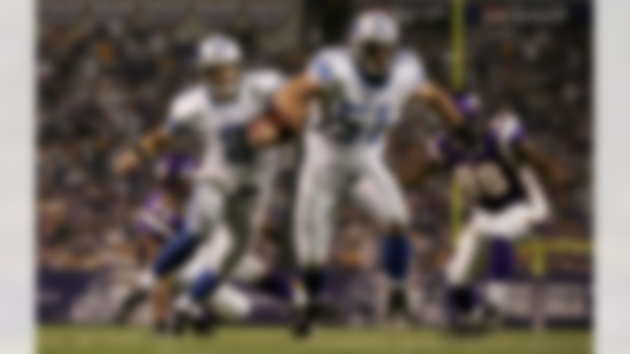 MINNEAPOLIS - OCTOBER 08: Quarterback Jon Kitna #8 of the Detroit Lions follows the block of his center Dominic Raiola #51 as he scores on an eight-yard keeper against the Minnesota Vikings to give the Lions a 7-3 second-quarter lead October 8, 2006 at the Metrodome in Minneapolis, Minnesota.