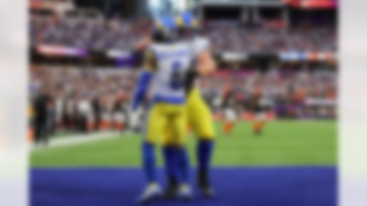 Los Angeles Rams wide receiver Odell Beckham Jr. (3) celebrates after a touchdown with offensive guard Austin Corbett (63) during Super Bowl LVI against the Cincinnati Bengals on Sunday, February 13, 2022 in Inglewood, California.
