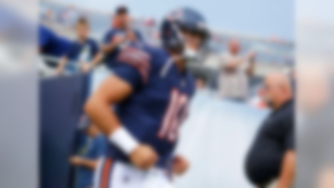 Chicago Bears quarterback Mitchell Trubisky (10) runs onto the field prior to an NFL Football game before the first half of an NFL preseason football game against the Denver Broncos, Thursday, Aug. 10, 2017, in Chicago.