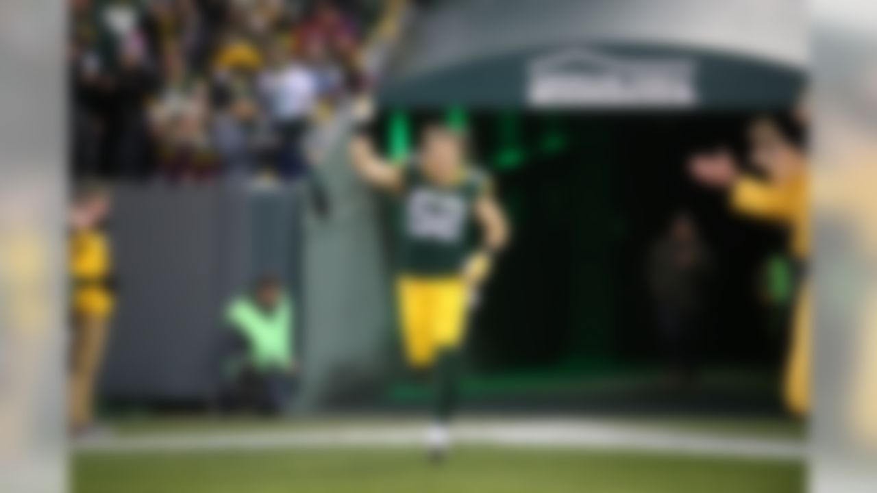 Green Bay Packers outside linebacker Clay Matthews (52) runs onto the field prior to an NFL football game against the Detroit Lions, Monday, Nov. 6, 2017, in Green Bay, Wis. (Todd Rosenberg/NFL)