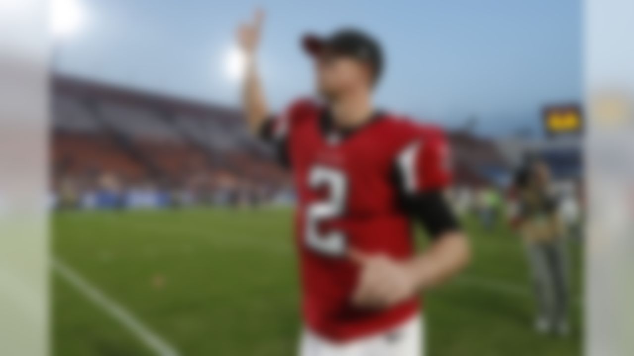 Atlanta Falcons quarterback Matt Ryan (2) runs off the field after an NFL football game against the Los Angeles Rams on Sunday, Dec. 11, 2016, in Los Angeles. The Falcons defeated the Rams, 42-14. (Ryan Kang/NFL)