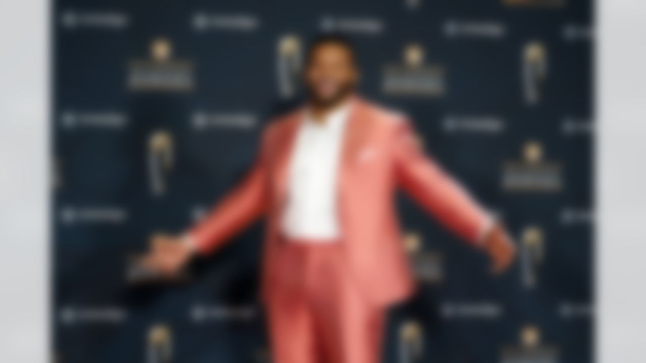 Los Angeles Rams defensive tackle Aaron Donald poses on the red carpet during the NFL Honors football awards show Wednesday, Feb. 3, 2021, in Los Angeles.