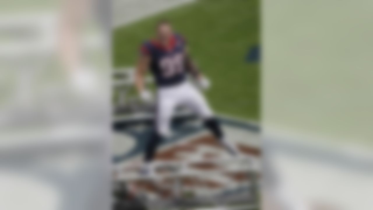 Houston Texans' J.J. Watt takes the field before an NFL football game against the Buffalo Bills Sunday, Nov. 4, 2012, in Houston. (AP Photo/David J. Phillip)